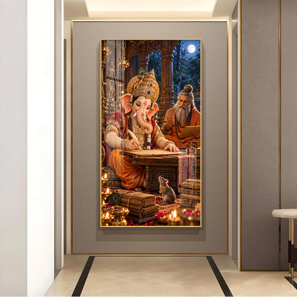 Lord Ganesha Writing with Sage Vyasa Glass Finish Vertical Wall Art