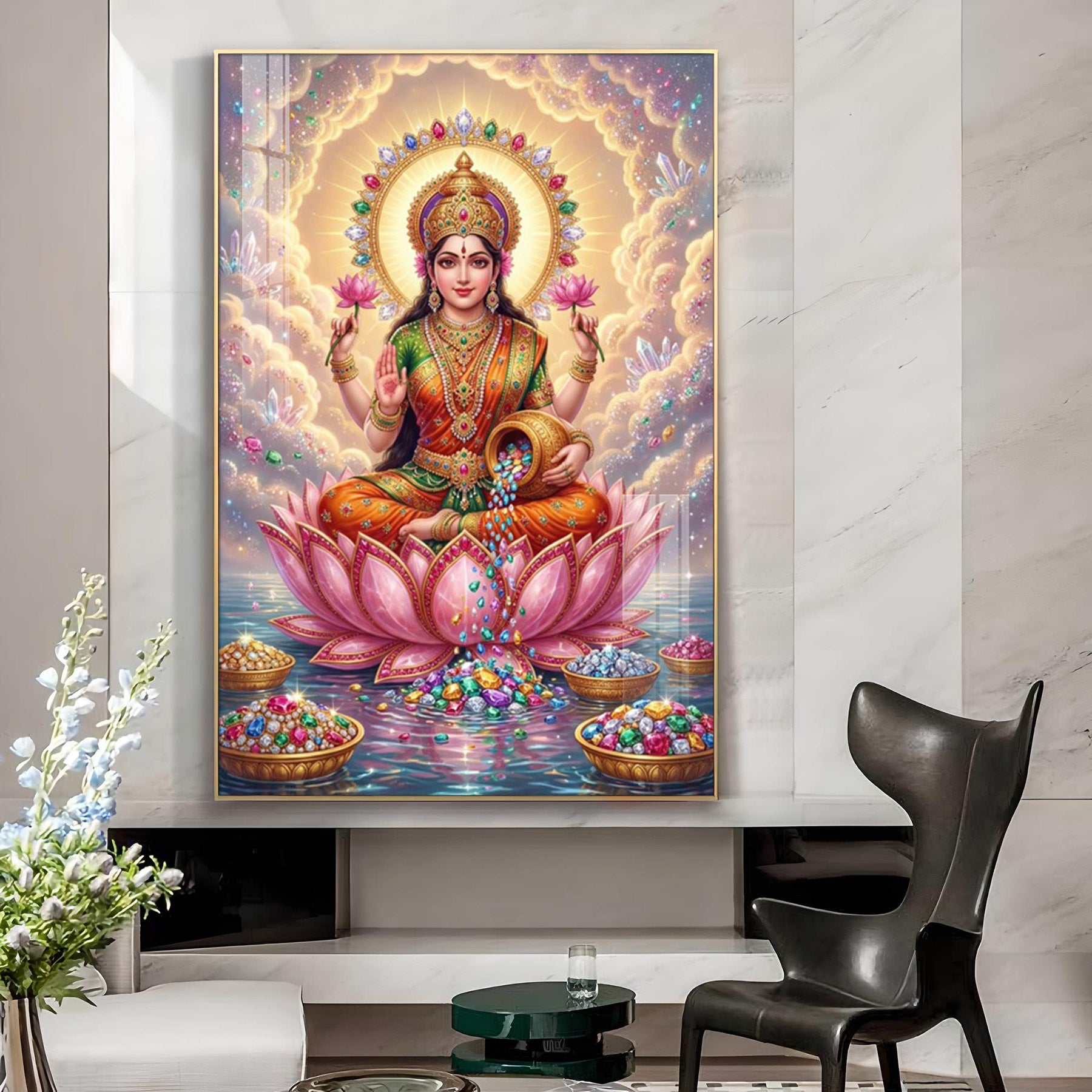 Depicting Goddess Lakshmi Glass Finish Vertical Wall Art