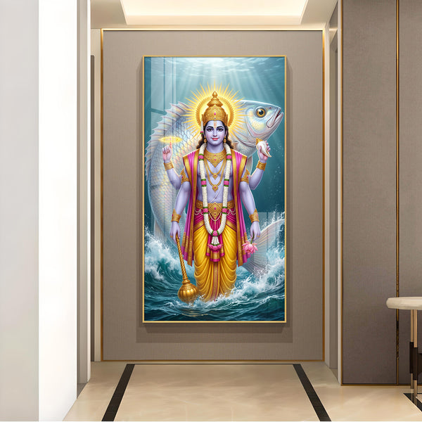 Lord Vishnu With Matsya Avatar Glass Finish Vertical Wall Art