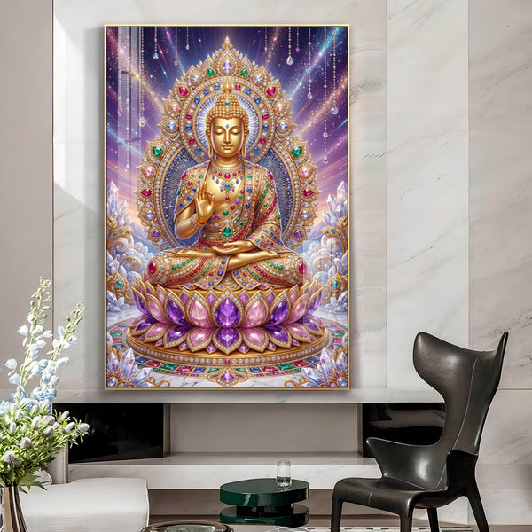 Colourful Gautam Buddha Glass Finish Vertical Wall Art