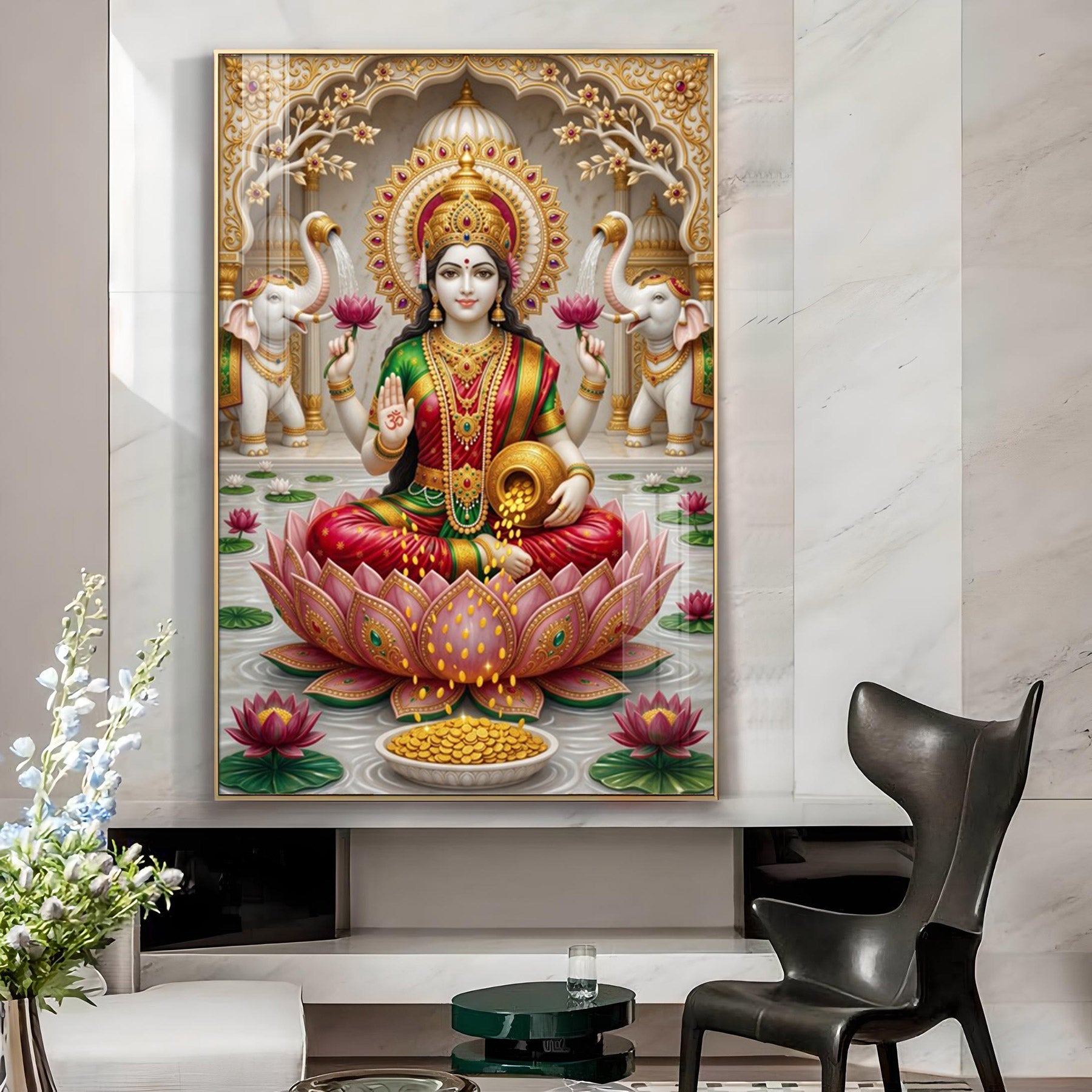 Goddess Lakshmi Glass Finish Vertical Wall Art