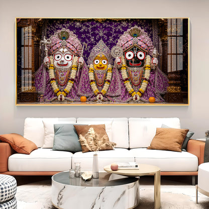 Hindu Deities Lord Jagannath, Subhadra, & Balabhadra Glass Finish Horizontal Wall Art