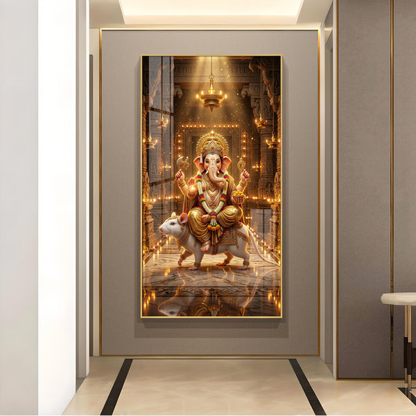Ganesh Ji With Mushak Glass Finish Vertical Wall Art