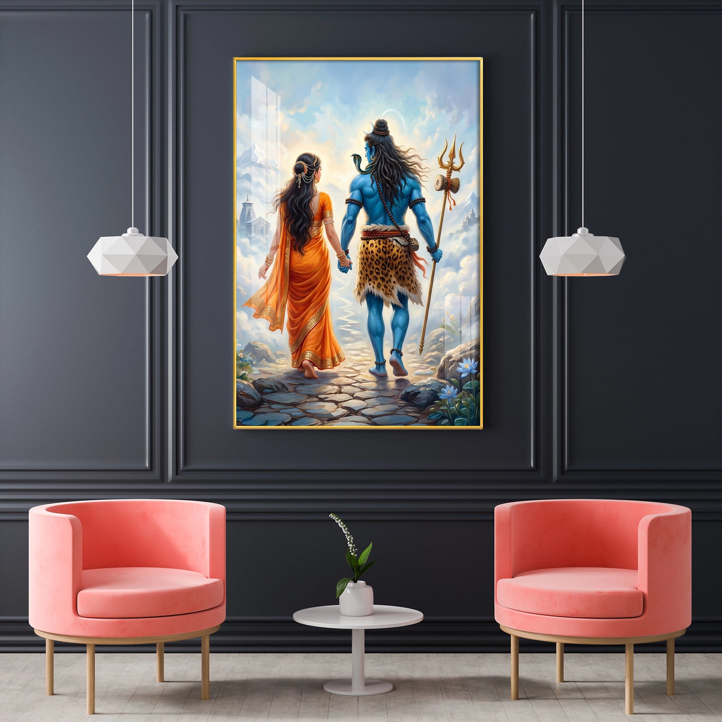 Divine Shiv Ji & Parvati Glass Finish Vertical Wall Art