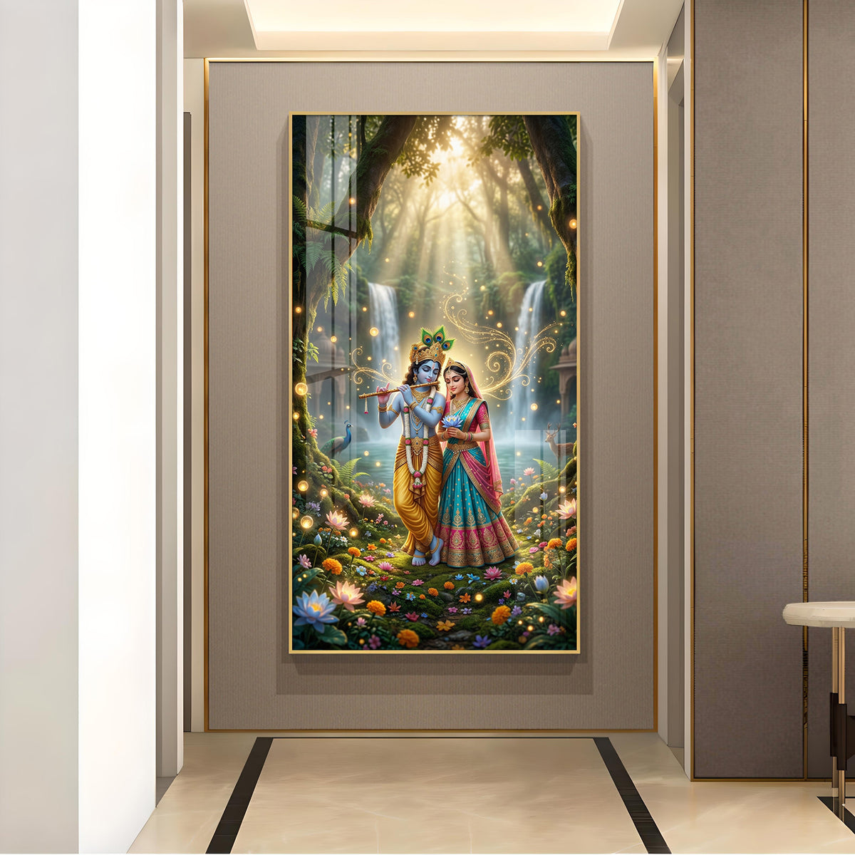 Beautiful Radha Krishna Divine Love Glass Finish Vertical Wall Art