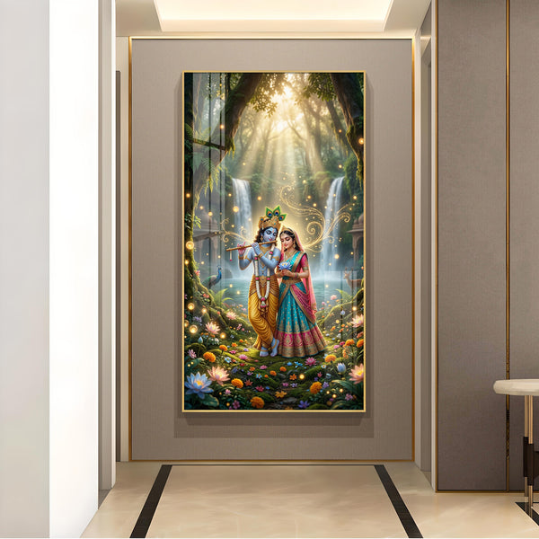 Beautiful Radha Krishna Divine Love Glass Finish Vertical Wall Art