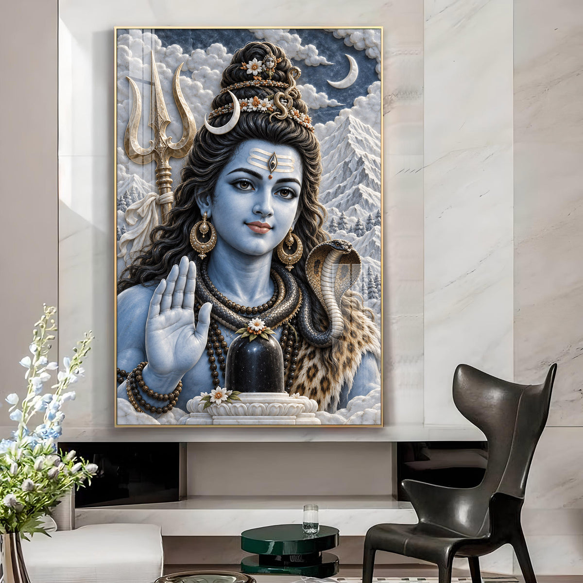 Lord Shiva Blessing Glass Finish Vertical Wall Art