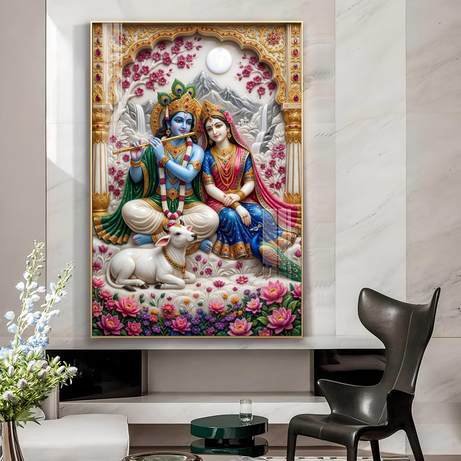 Lord Krishna Playing The Flute With Radha Glass Finish Vertical Wall Art