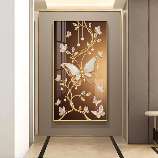Golden Vines With White Butterflies Glass Finish Vertical Wall Art