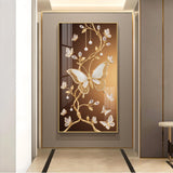 Golden Vines With White Butterflies Glass Finish Vertical Wall Art