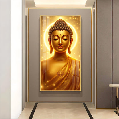 Golden Meditating Buddha Glass Finish Vertical Wall Art