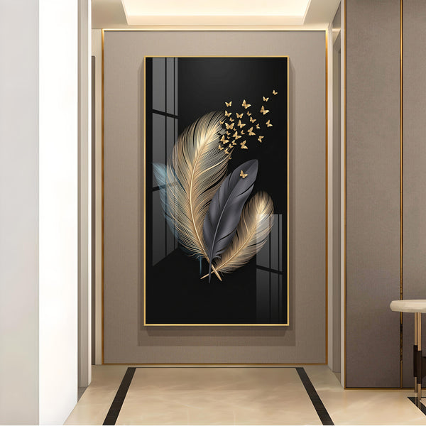 Black & Gold Feathers With Delicate Butterflies Glass Finish Vertical Wall Art