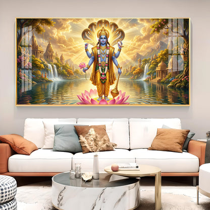 Lord Vishnu Glass Finish Horizontal Wall Art