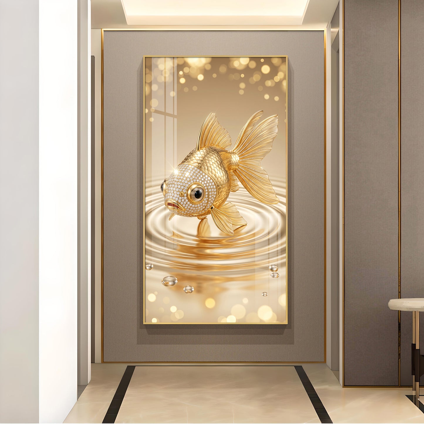 Lucky Golden Fish Glass Finish Vertical Wall Art