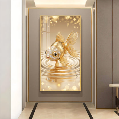 Lucky Golden Fish Glass Finish Vertical Wall Art