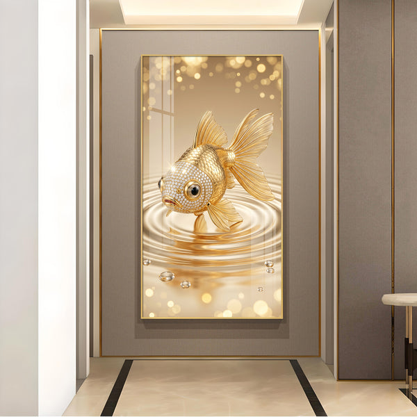 Lucky Golden Fish Glass Finish Vertical Wall Art