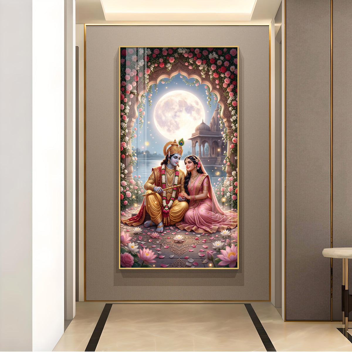 Religious Shri Radhe Krishna Glass Finish Vertical Wall Art