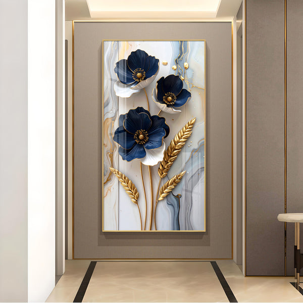 Blue & Gold Serenity Glass Finish Vertical Wall Art