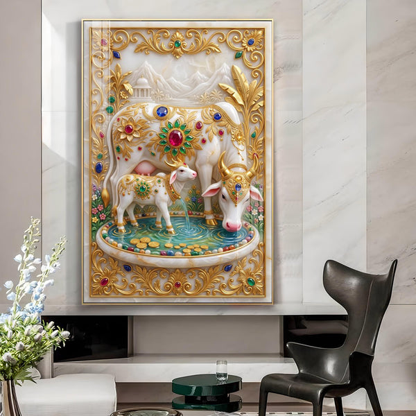 Divine Kamdhenu Cow Glass Finish Vertical Wall Art