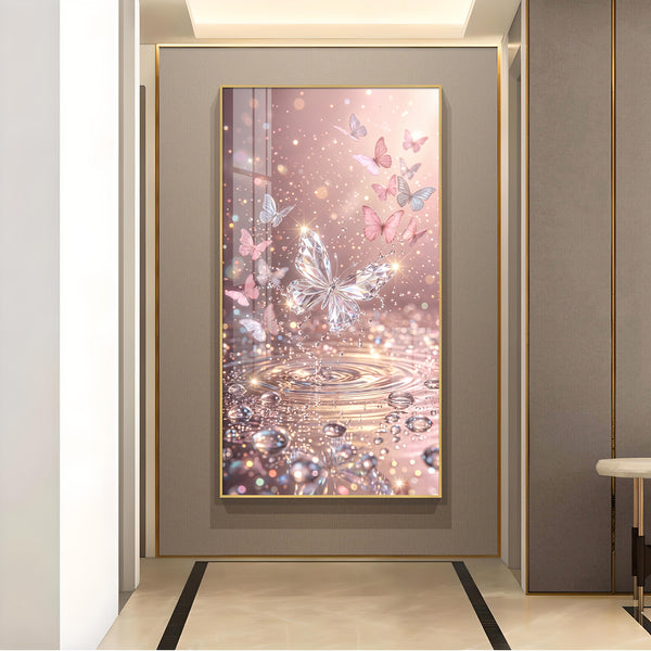 Sparkling Pink Butterfly Glass Finish Vertical Wall Art