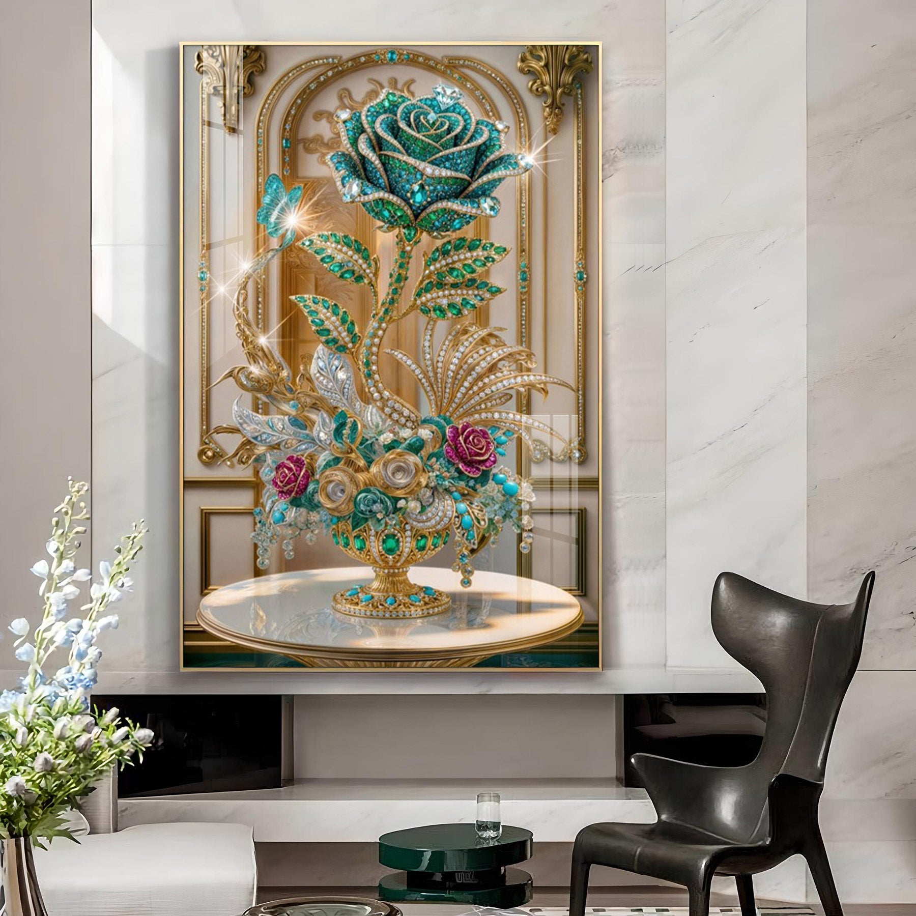 Rose Flower Glass Finish Vertical Wall Art