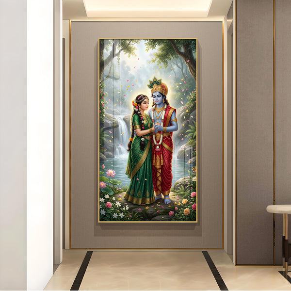 Radha Krishna Divine Aura Glass Finish Vertical Wall Art