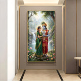 Radha Krishna Divine Aura Glass Finish Vertical Wall Art