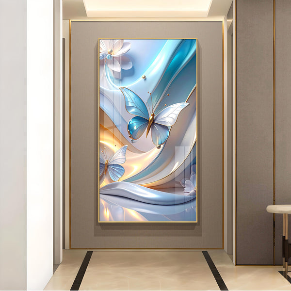 Enchanted Blue Flutter Glass Finish Vertical Wall Art