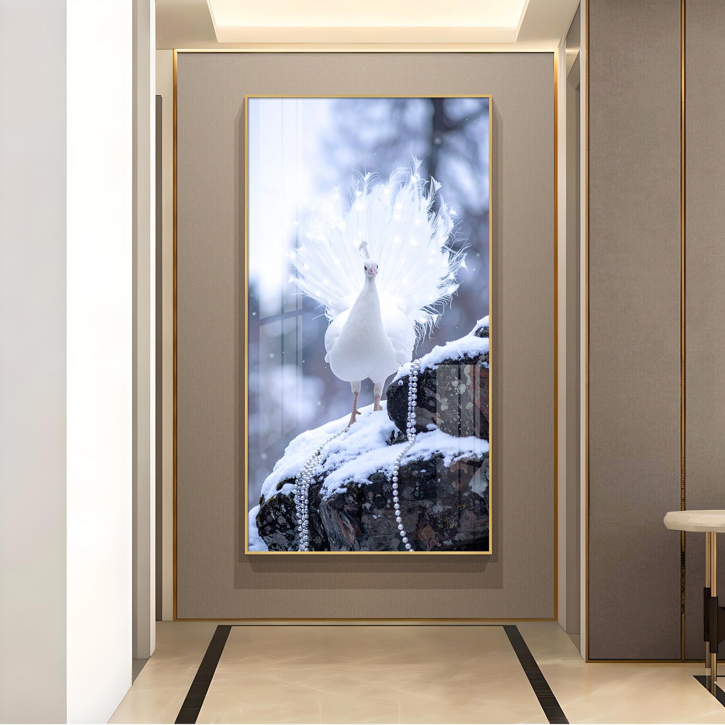 White Peacock Glass Finish Vertical Wall Art