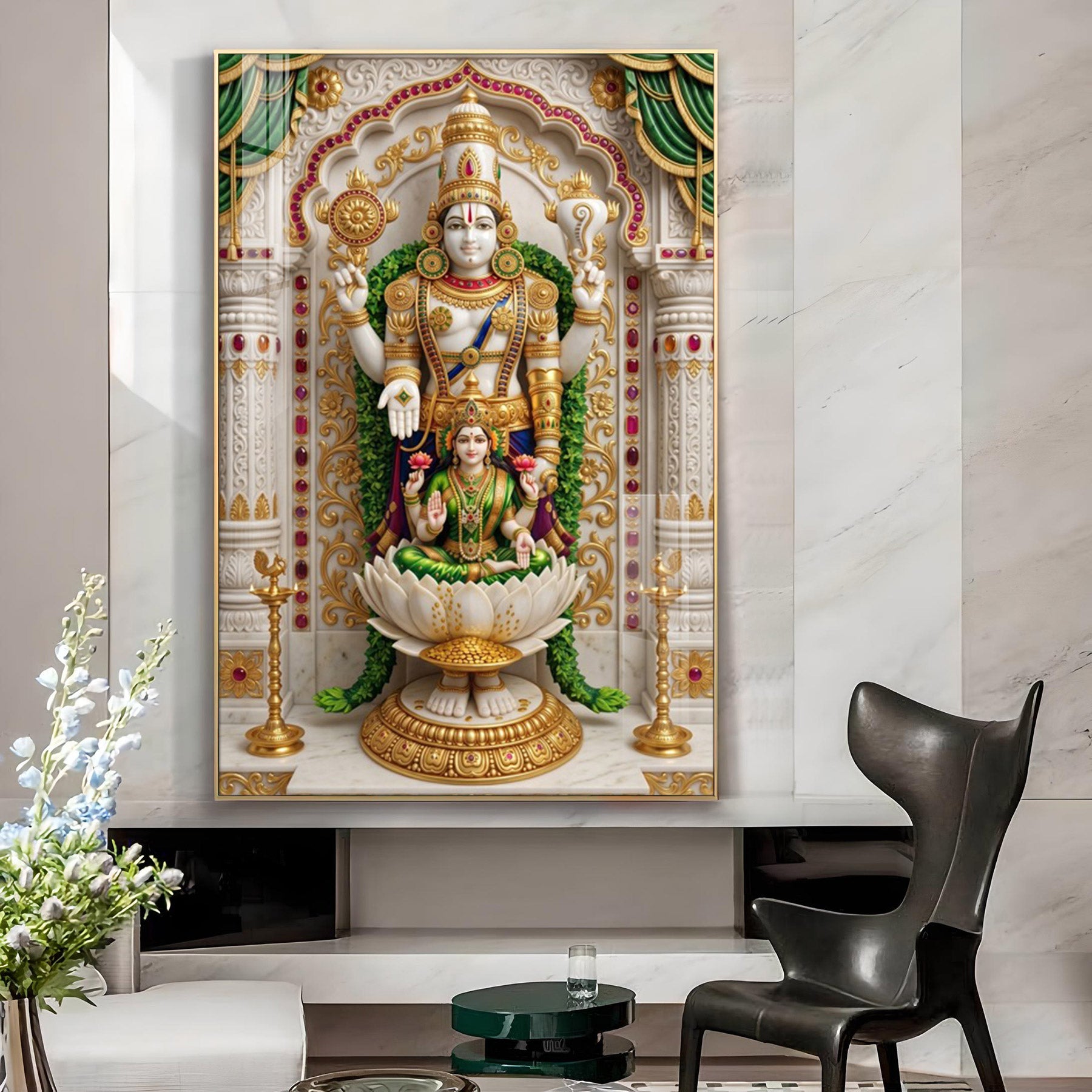 Lord Venkateswara, Maa Lakshmi Glass Finish Vertical Wall Art
