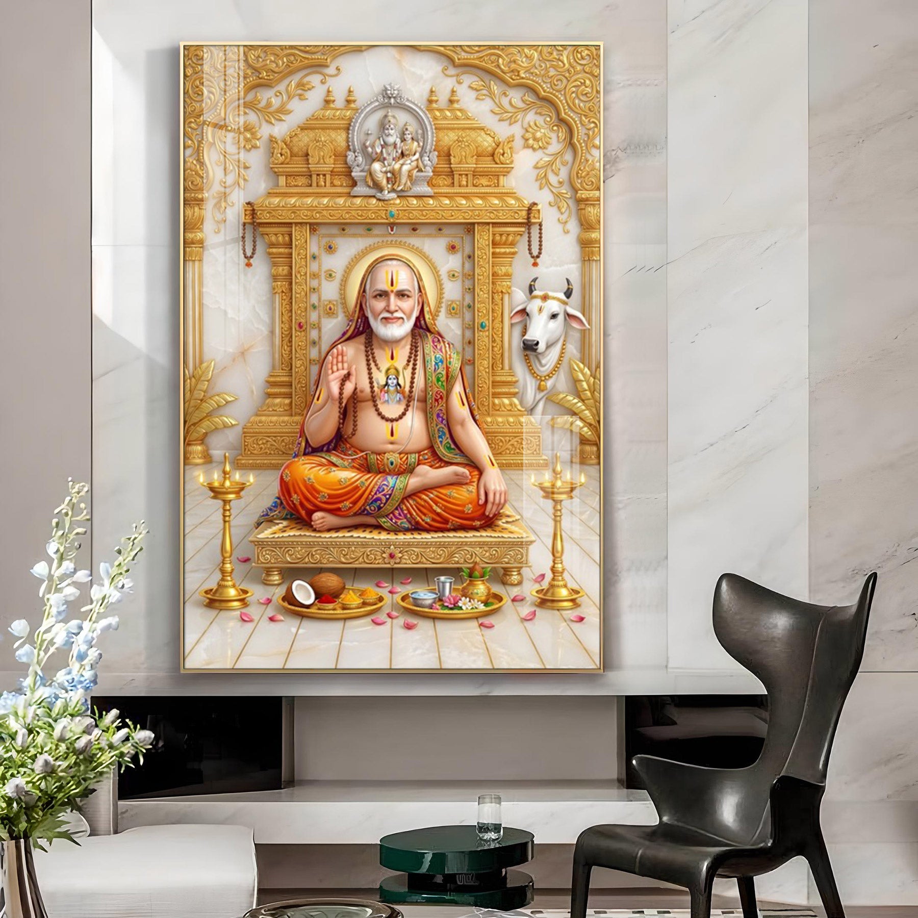 Sri Guru Raghavendra Swamy Glass Finish Vertical Wall Art