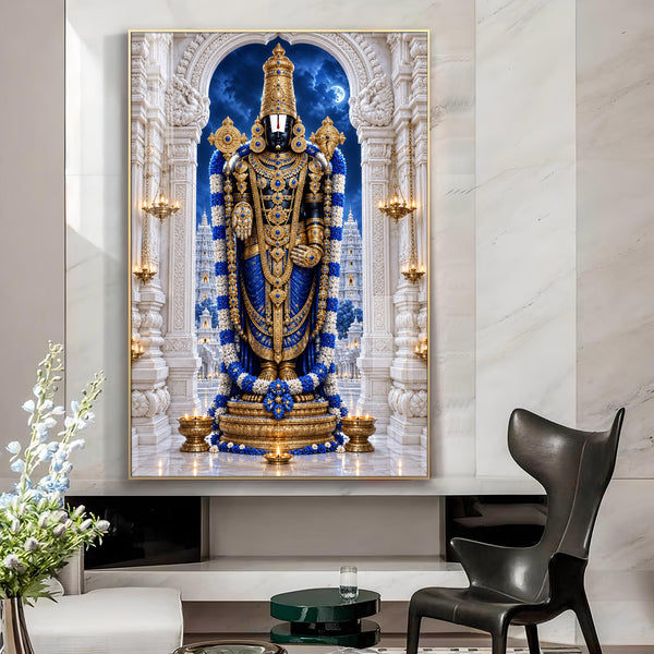 Lord Tirupati Balaji in Rich Blue Attire Glass Finish Vertical Wall Art
