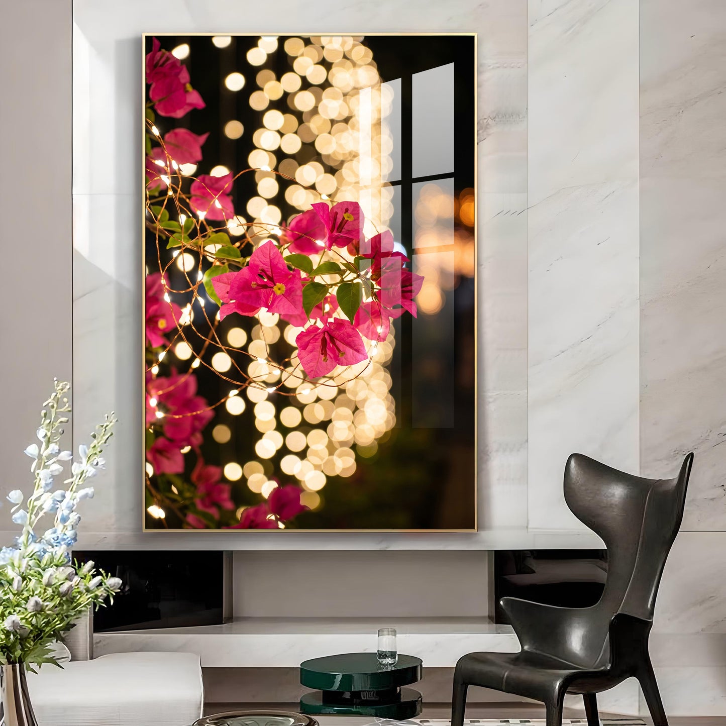 Pink Bougainvillea Flowers Glass Finish Vertical Wall Art