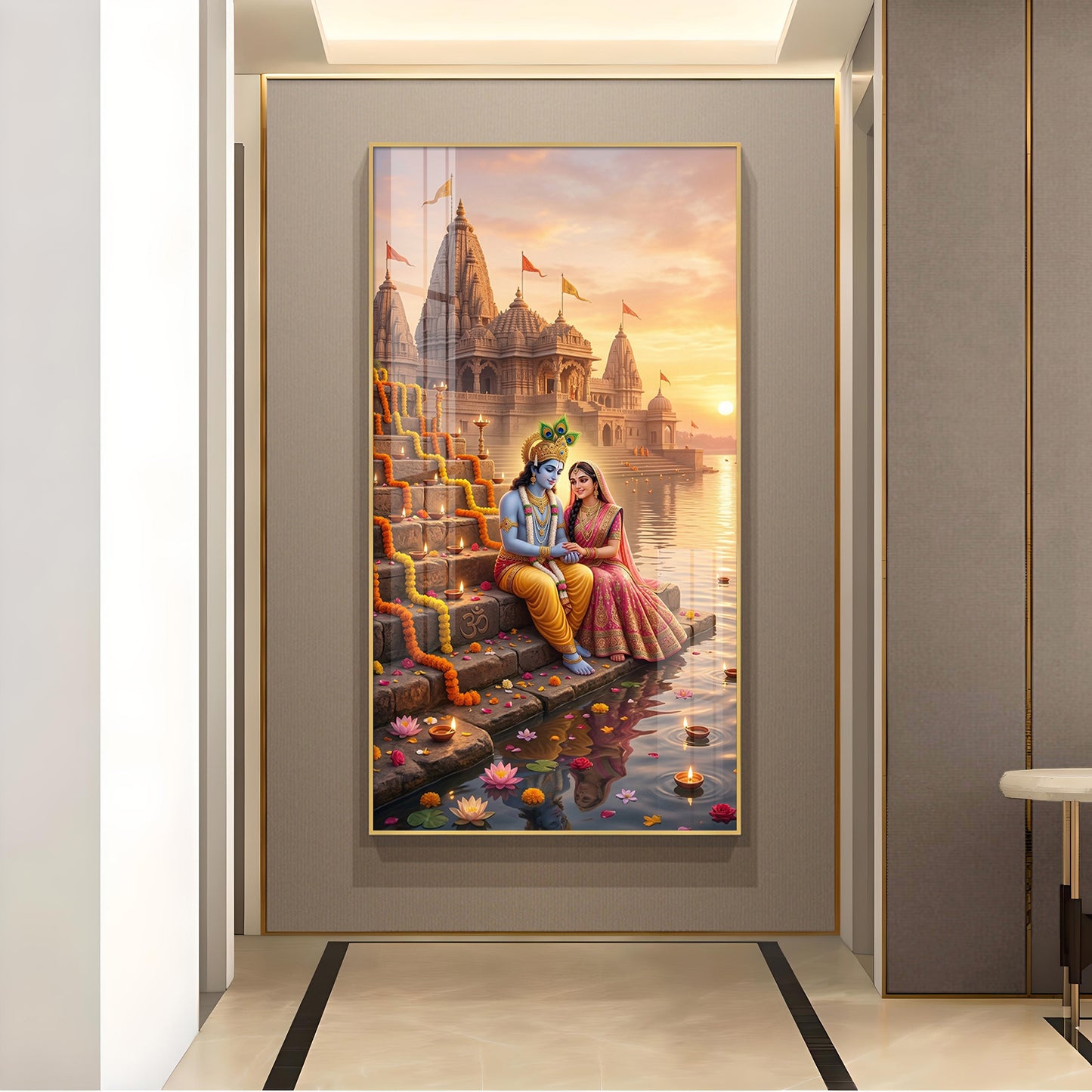 Radha Krishna On Ghat Glass Finish Vertical Wall Art