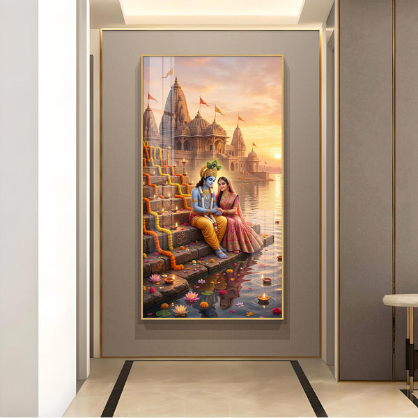 Radha Krishna On Ghat Glass Finish Vertical Wall Art