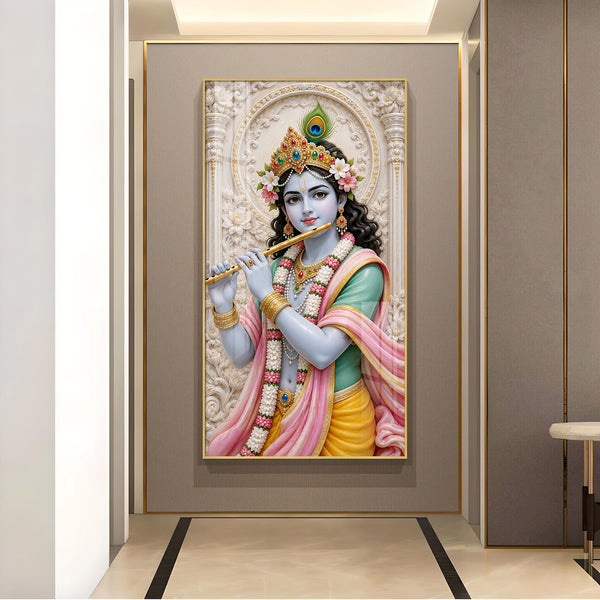 Eternal Krishna Glass Finish Vertical Wall Art