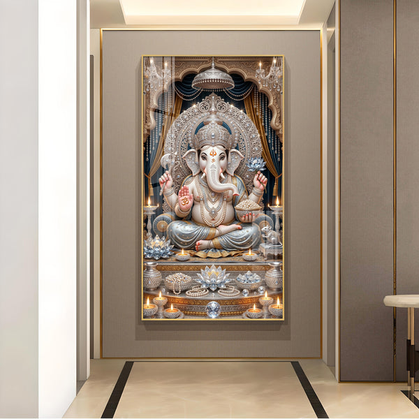 Depicts Lord Ganesha Glass Finish Vertical Wall Art