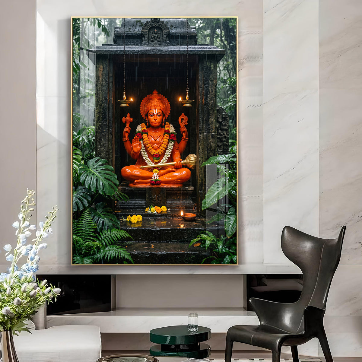 Lord Hanuman Rain Forest Temple Glass Finish Vertical Wall Art