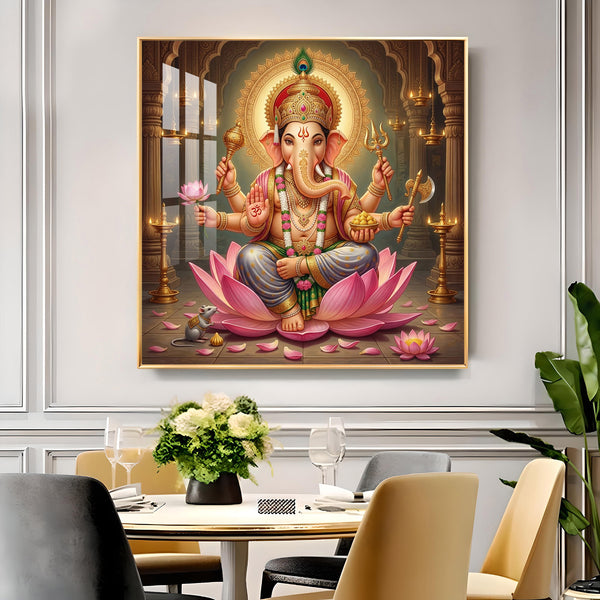 Lord Ganesha on Pink Lotus Glass Finish Square Wall Art