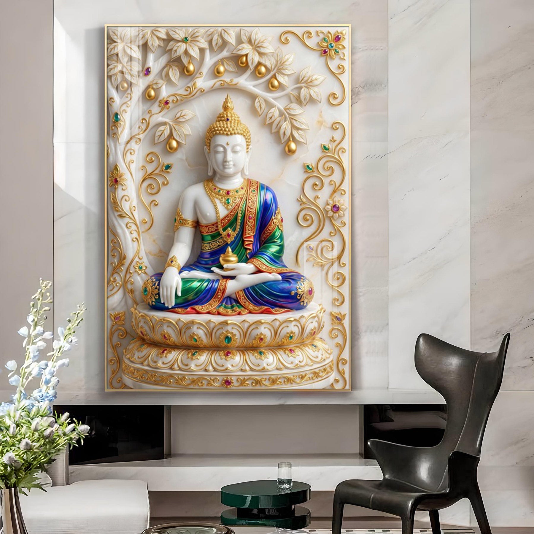 Divine God Buddha Glass Finish Vertical Wall Art