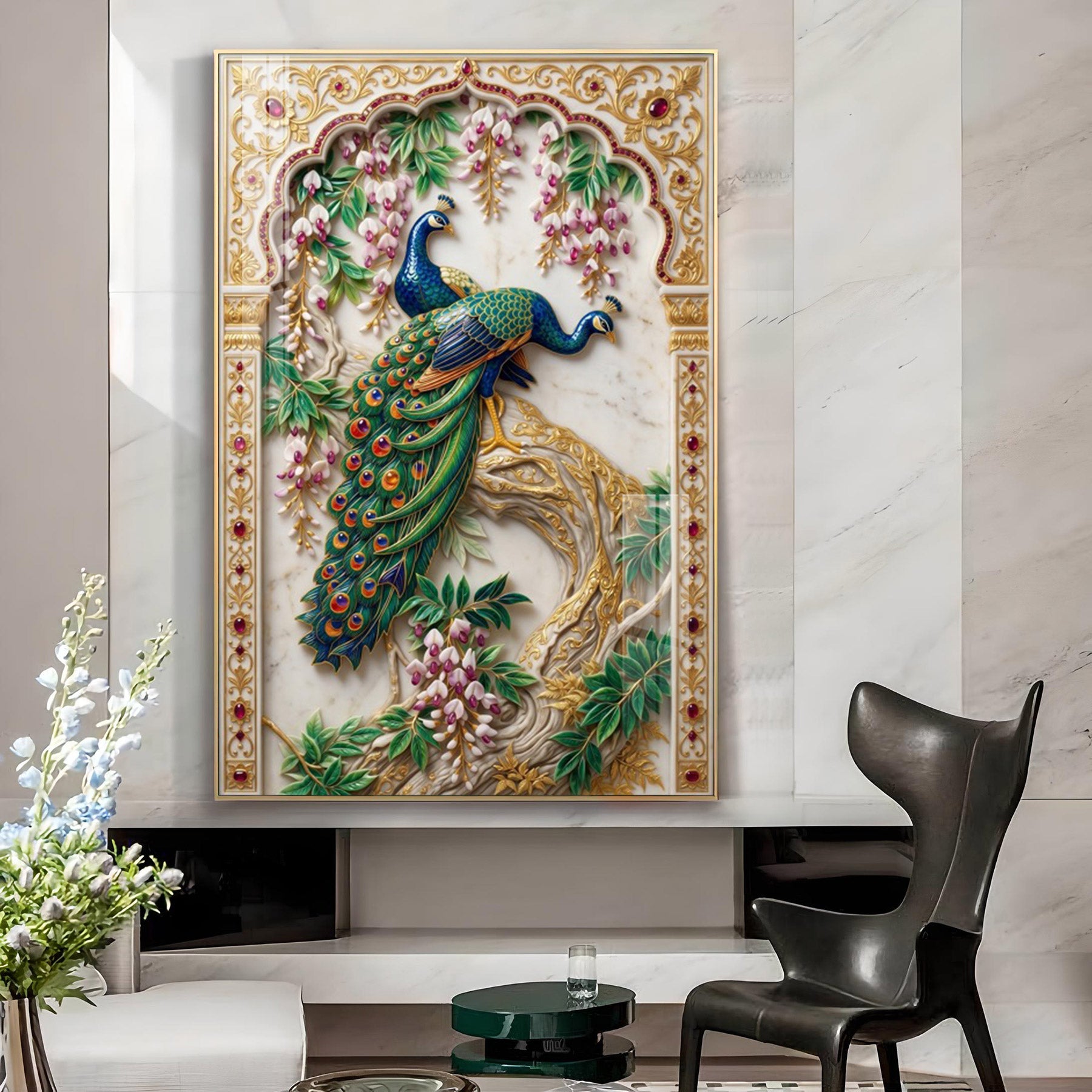 Two Peacocks Glass Finish Vertical Wall Art