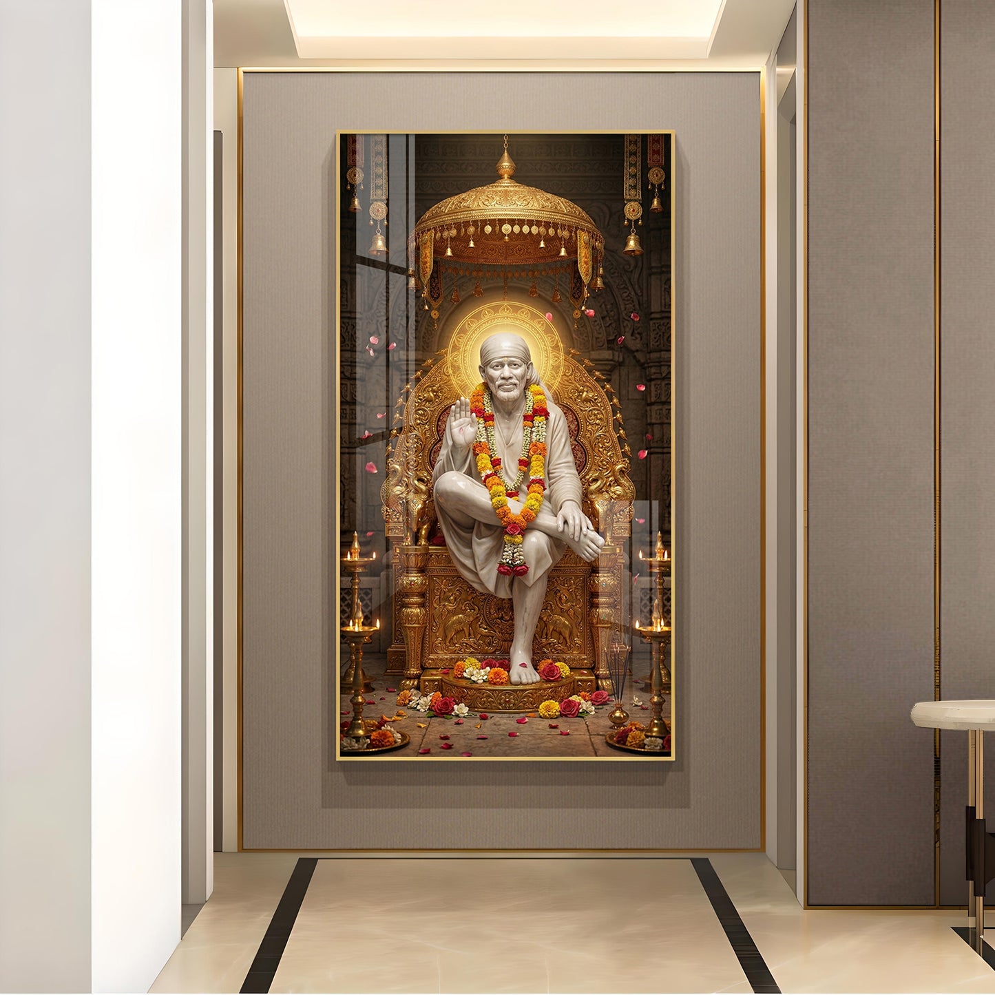 Sai Baba Darbar Glass Finish Vertical Wall Art