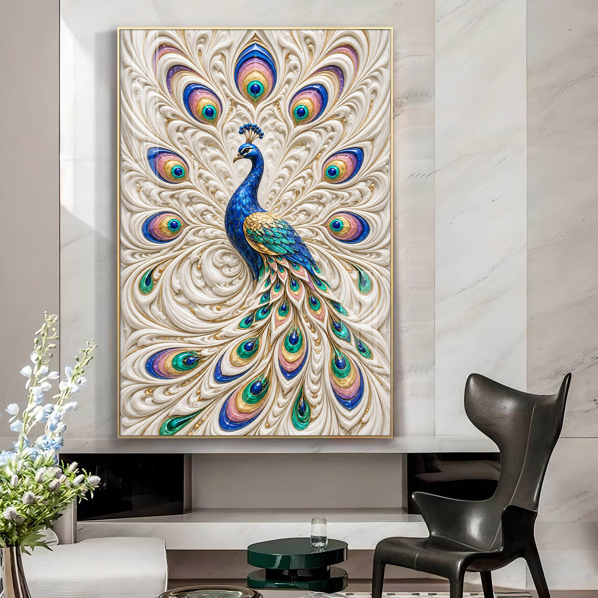 Majestic Royal Blue Peacock Glass Finish Vertical Wall Art