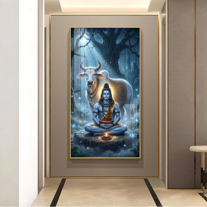 Meditating Lord Shiv With Nandi Glass Finish Vertical Wall Art
