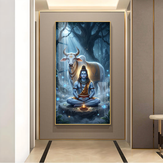 Meditating Lord Shiv With Nandi Glass Finish Vertical Wall Art