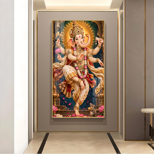 Dancing Lord Ganesha Glass Finish Vertical Wall Art
