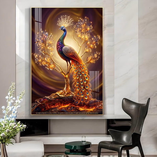 Colourful Peacock Glass Finish Vertical Wall Art