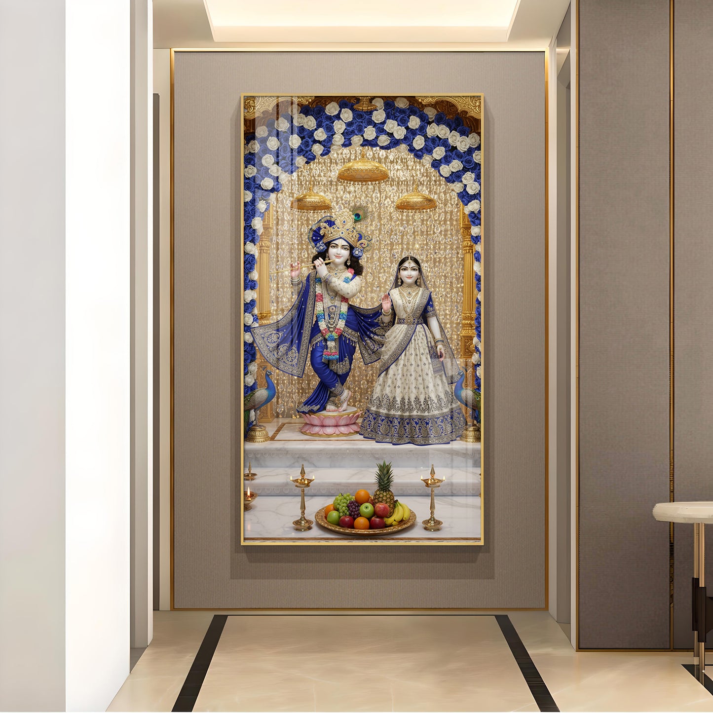 Deities Radha & Krishna Glass Finish Vertical Wall Art