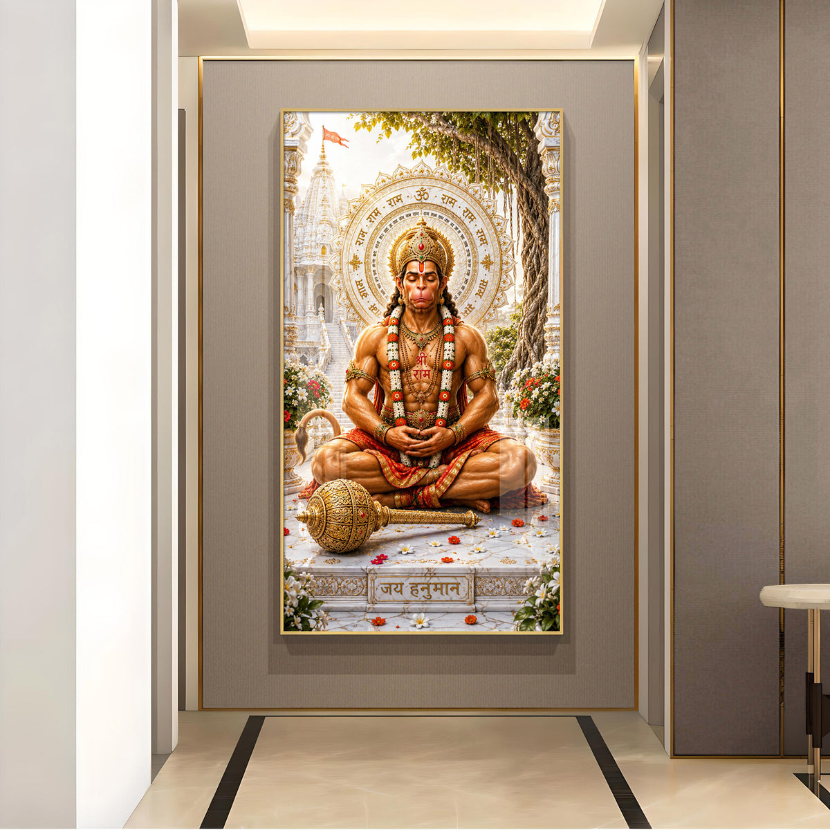 Lord Hanuman Meditating Glass Finish Vertical Wall Art