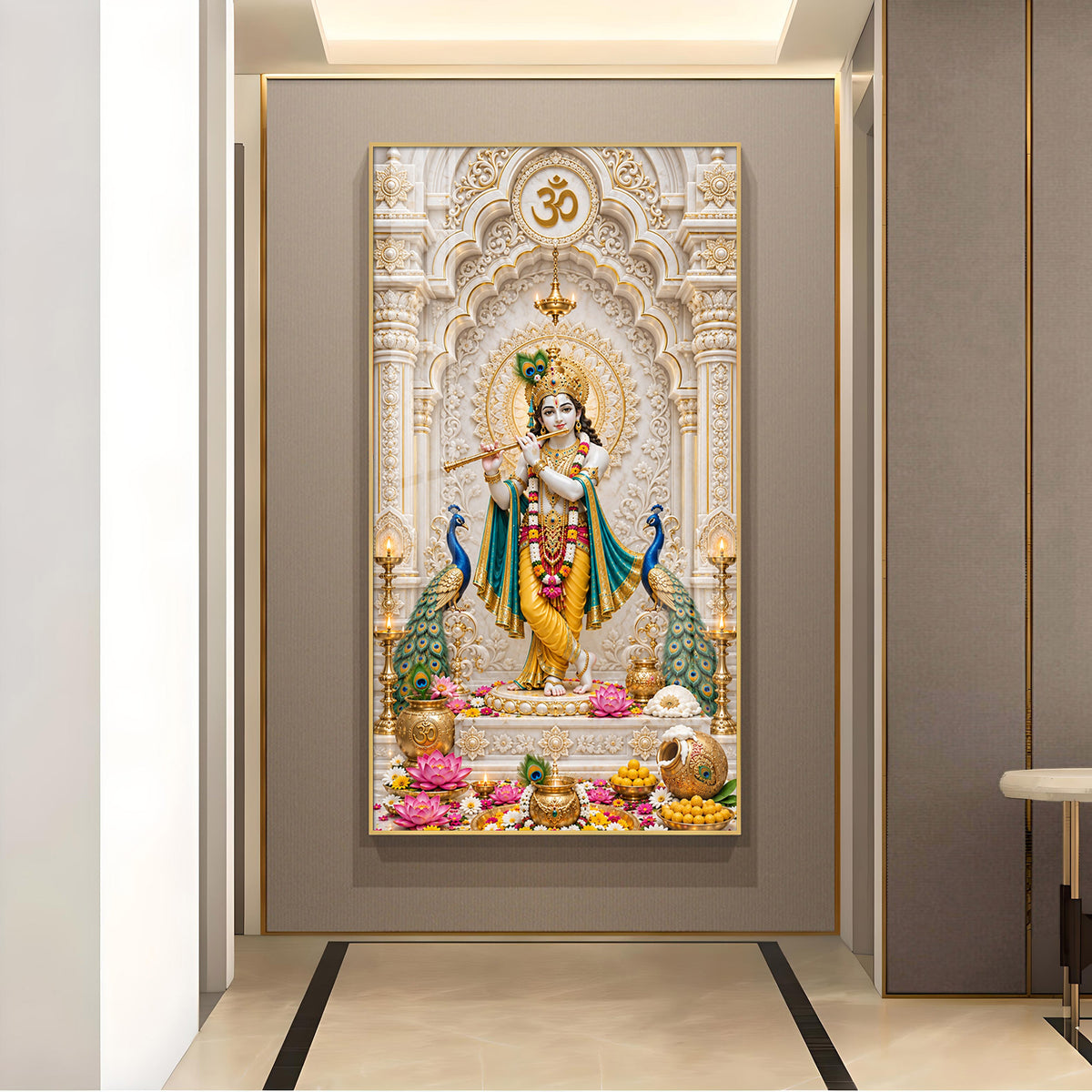 Spiritual Lord Krishna With Flute Glass Finish Vertical Wall Art